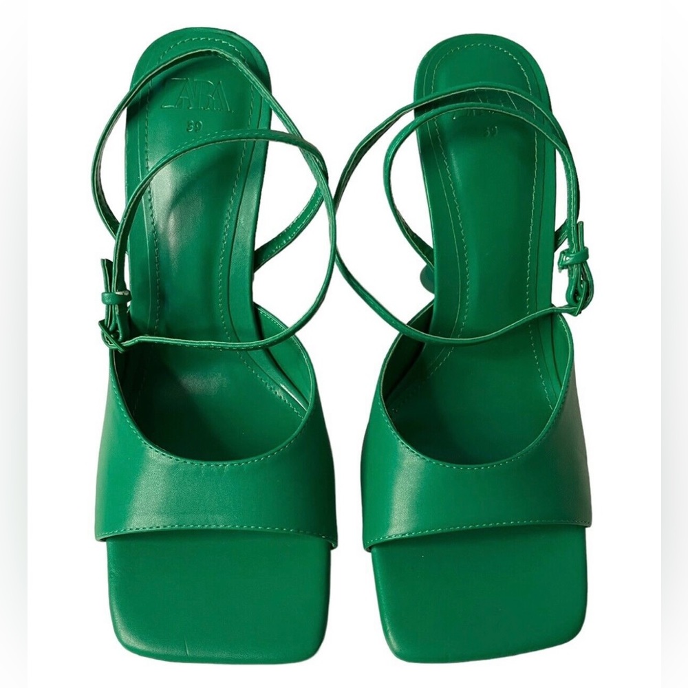 Zara Green Ankle Strap Square Toe Heels Sandals
